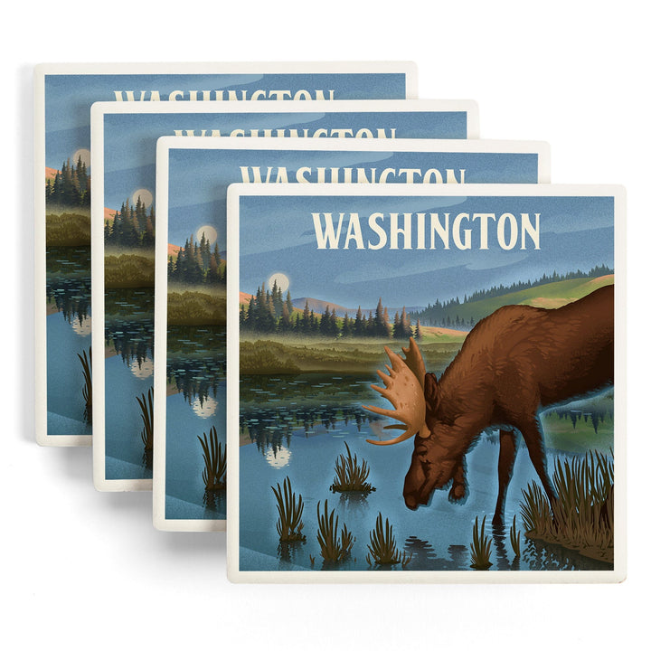 Washington, Lithograph, Reflection Pond and Bull Moose, Coasters Coasters Lantern Press 