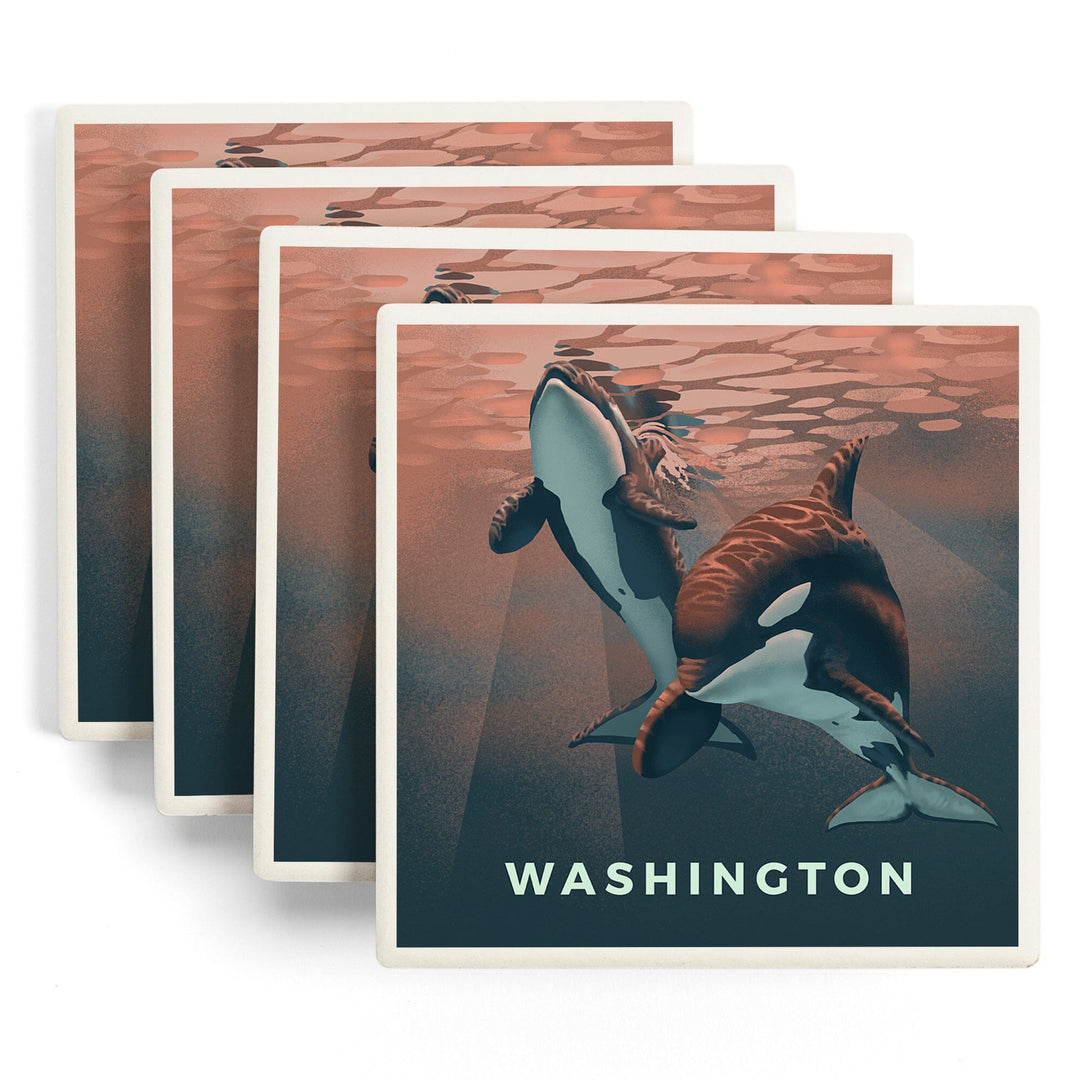 Washington, Lithograph, Wildlife Lithograph Series, Orca, Coasters Coasters Lantern Press 