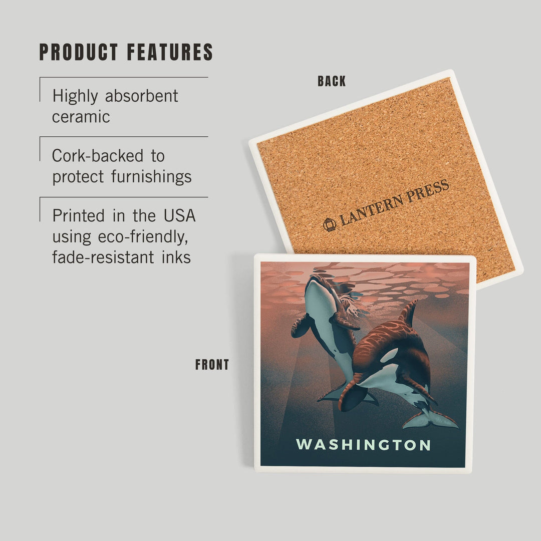 Washington, Lithograph, Wildlife Lithograph Series, Orca, Coasters Coasters Lantern Press 