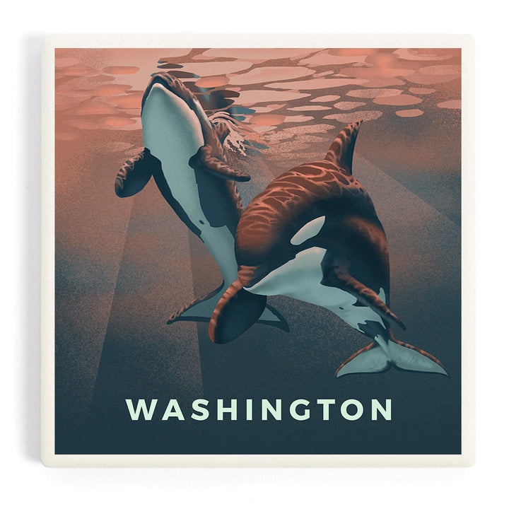 Washington, Lithograph, Wildlife Lithograph Series, Orca, Coasters Coasters Lantern Press 