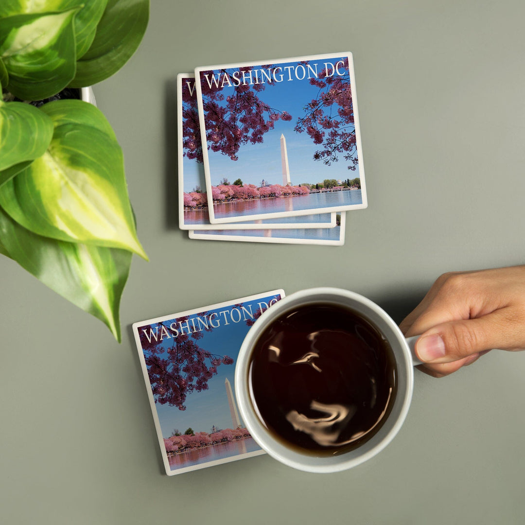 Washington Monument & Cherry Blossoms, Washington DC, Lantern Press Photography, Coaster Set Coasters Lantern Press 