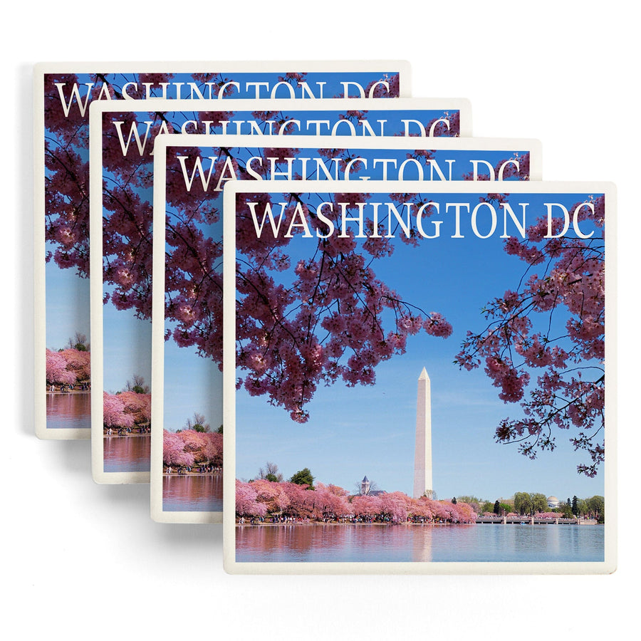 Washington Monument & Cherry Blossoms, Washington DC, Lantern Press Photography, Coaster Set Coasters Lantern Press 