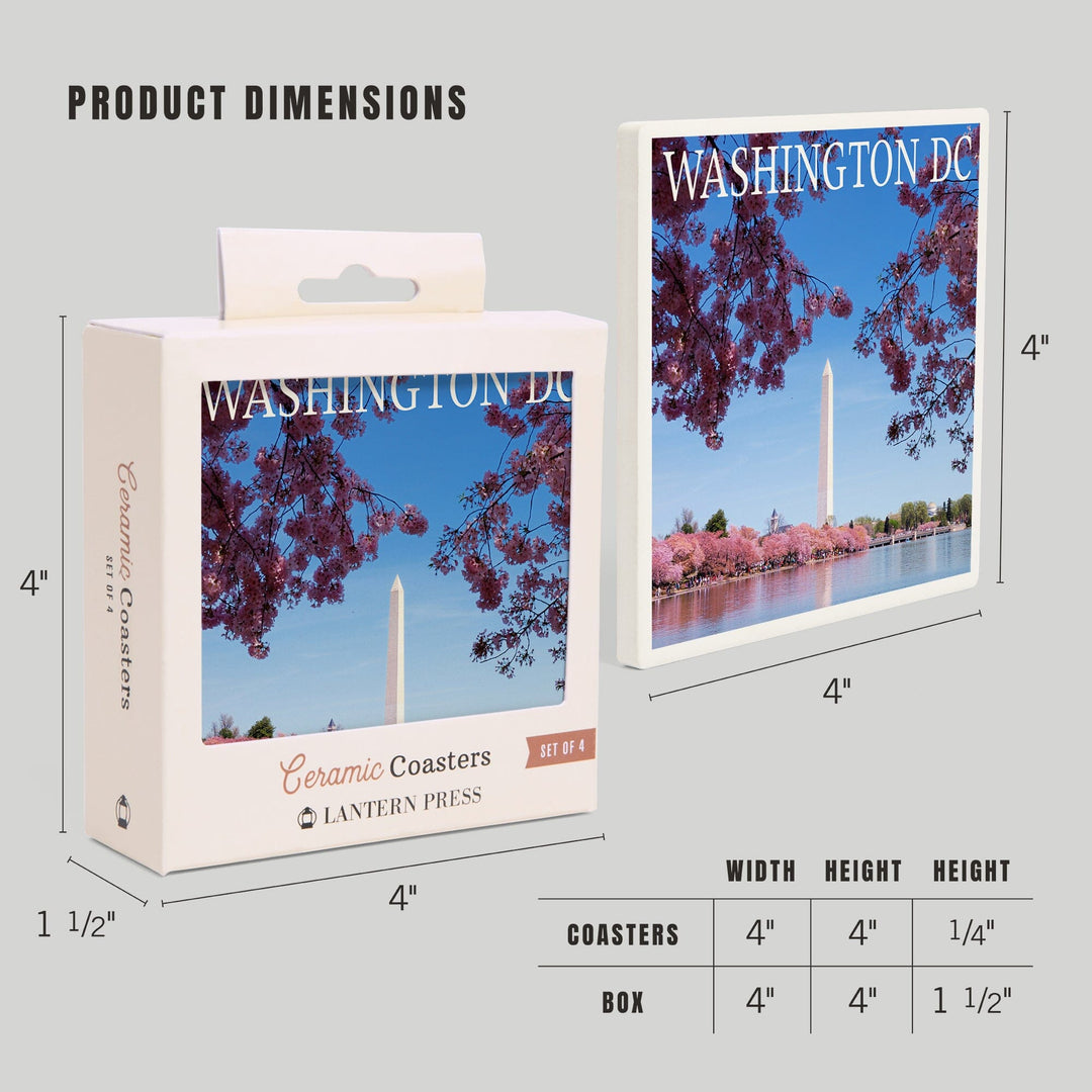 Washington Monument & Cherry Blossoms, Washington DC, Lantern Press Photography, Coaster Set Coasters Lantern Press 