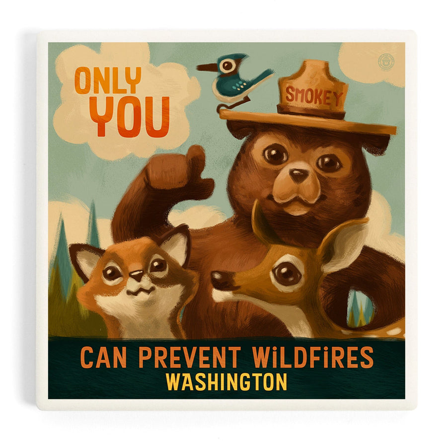 Washington, Oil Painting, Smokey Bear, Only You Can Prevent Wildfires, Coasters Coasters Lantern Press 
