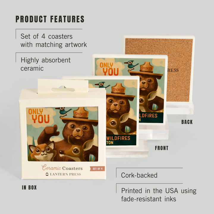 Washington, Oil Painting, Smokey Bear, Only You Can Prevent Wildfires, Coasters Coasters Lantern Press 
