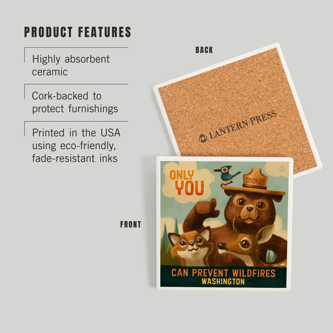Washington, Oil Painting, Smokey Bear, Only You Can Prevent Wildfires, Coasters Coasters Lantern Press 