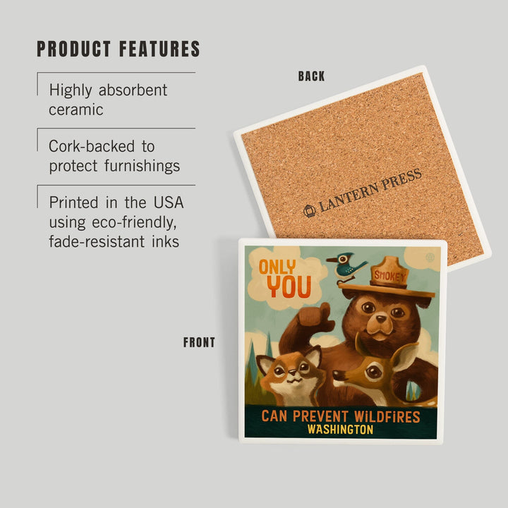 Washington, Oil Painting, Smokey Bear, Only You Can Prevent Wildfires, Coasters Coasters Lantern Press 