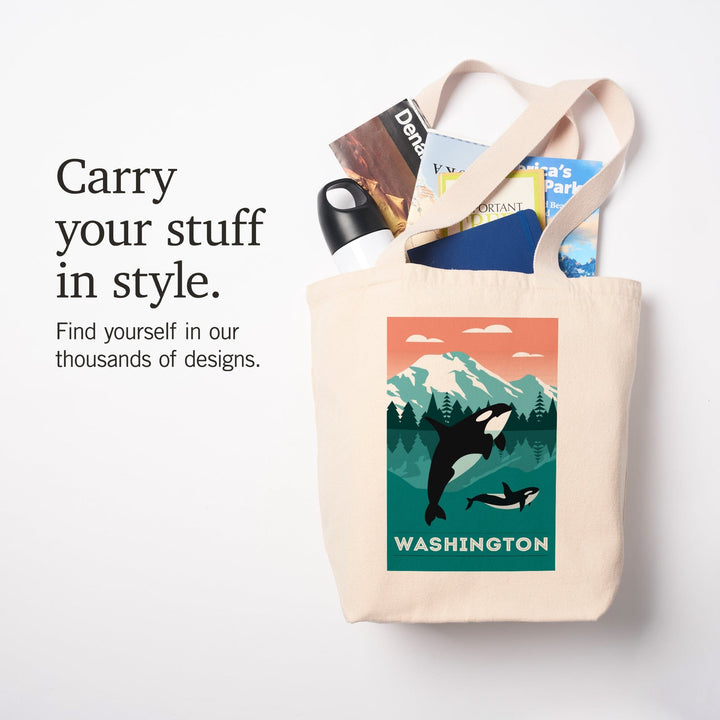 Washington, Orca Whale & Calf, Go Freestyle, Lantern Press Artwork, Tote Bag Totes Lantern Press 