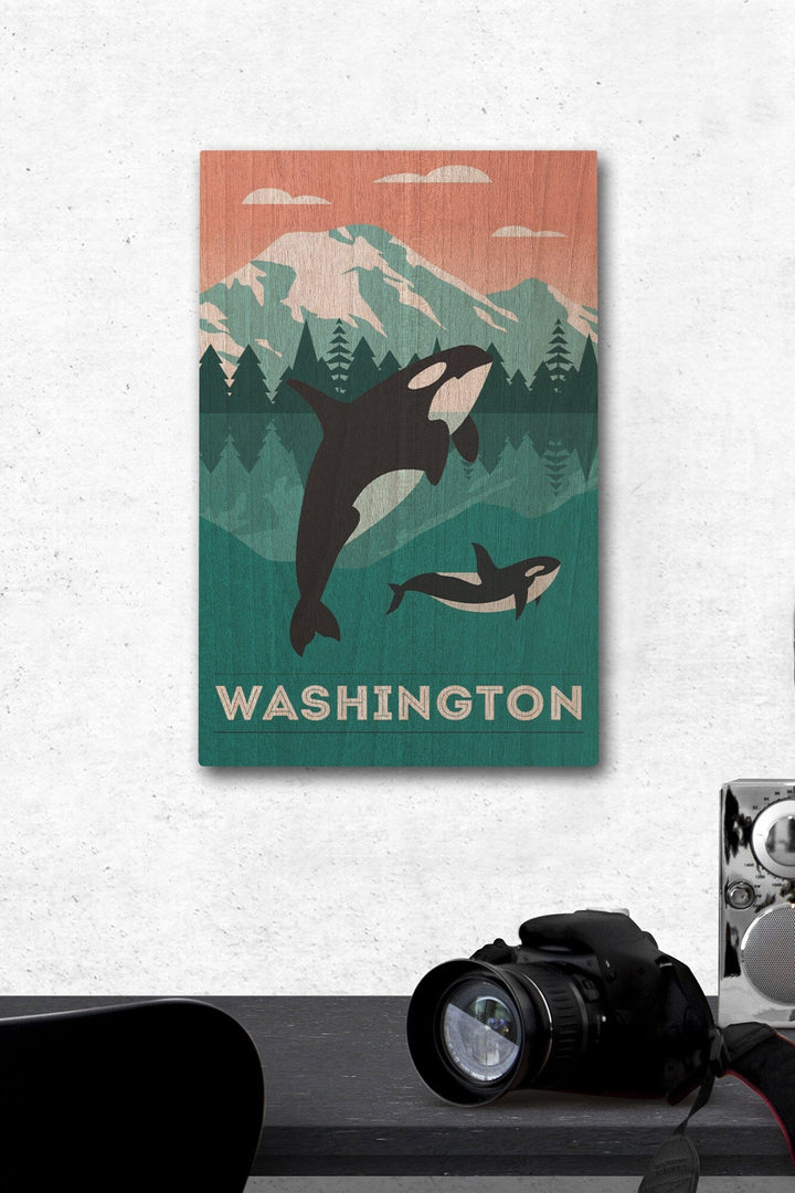Washington, Orca Whale & Calf, Go Freestyle, Lantern Press Artwork, Wood Signs and Postcards Wood Lantern Press 12 x 18 Wood Gallery Print 