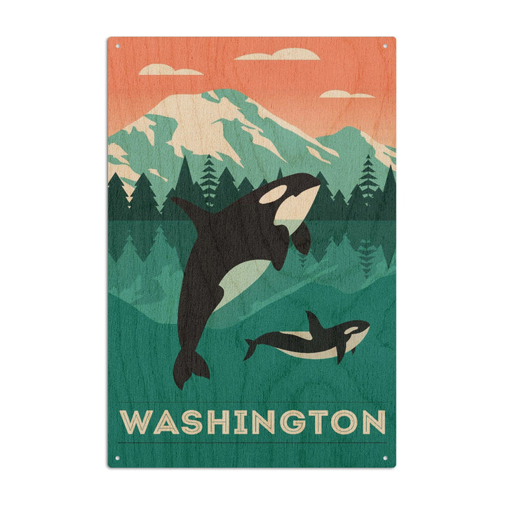 Washington, Orca Whale & Calf, Go Freestyle, Lantern Press Artwork, Wood Signs and Postcards Wood Lantern Press 6x9 Wood Sign 