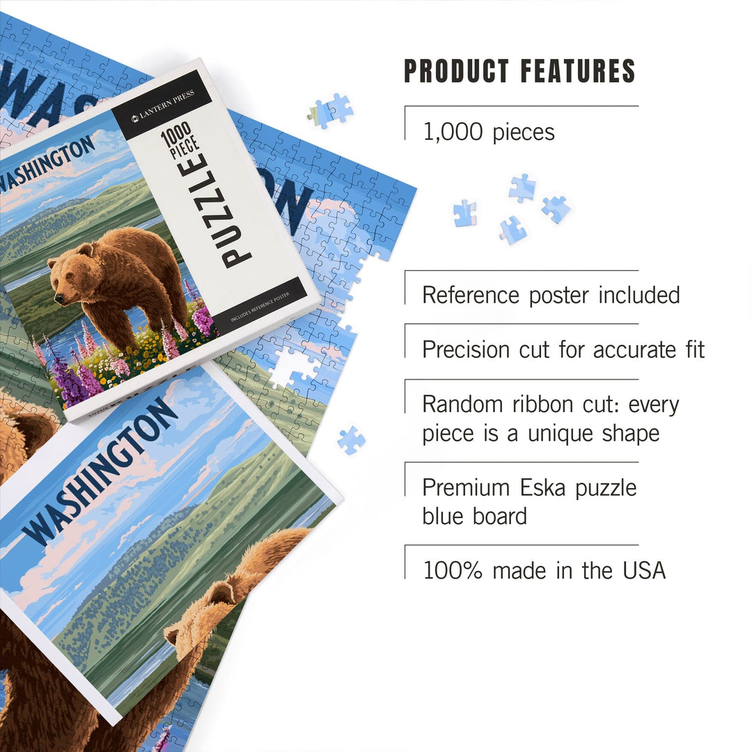 Washington, Painterly, Grizzly Bear in Meadow, Jigsaw Puzzle Puzzle Lantern Press 