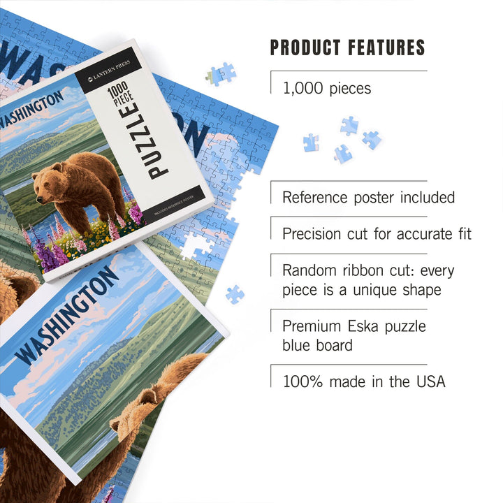 Washington, Painterly, Grizzly Bear in Meadow, Jigsaw Puzzle Puzzle Lantern Press 