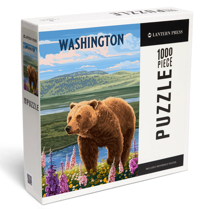 Washington, Painterly, Grizzly Bear in Meadow, Jigsaw Puzzle Puzzle Lantern Press 