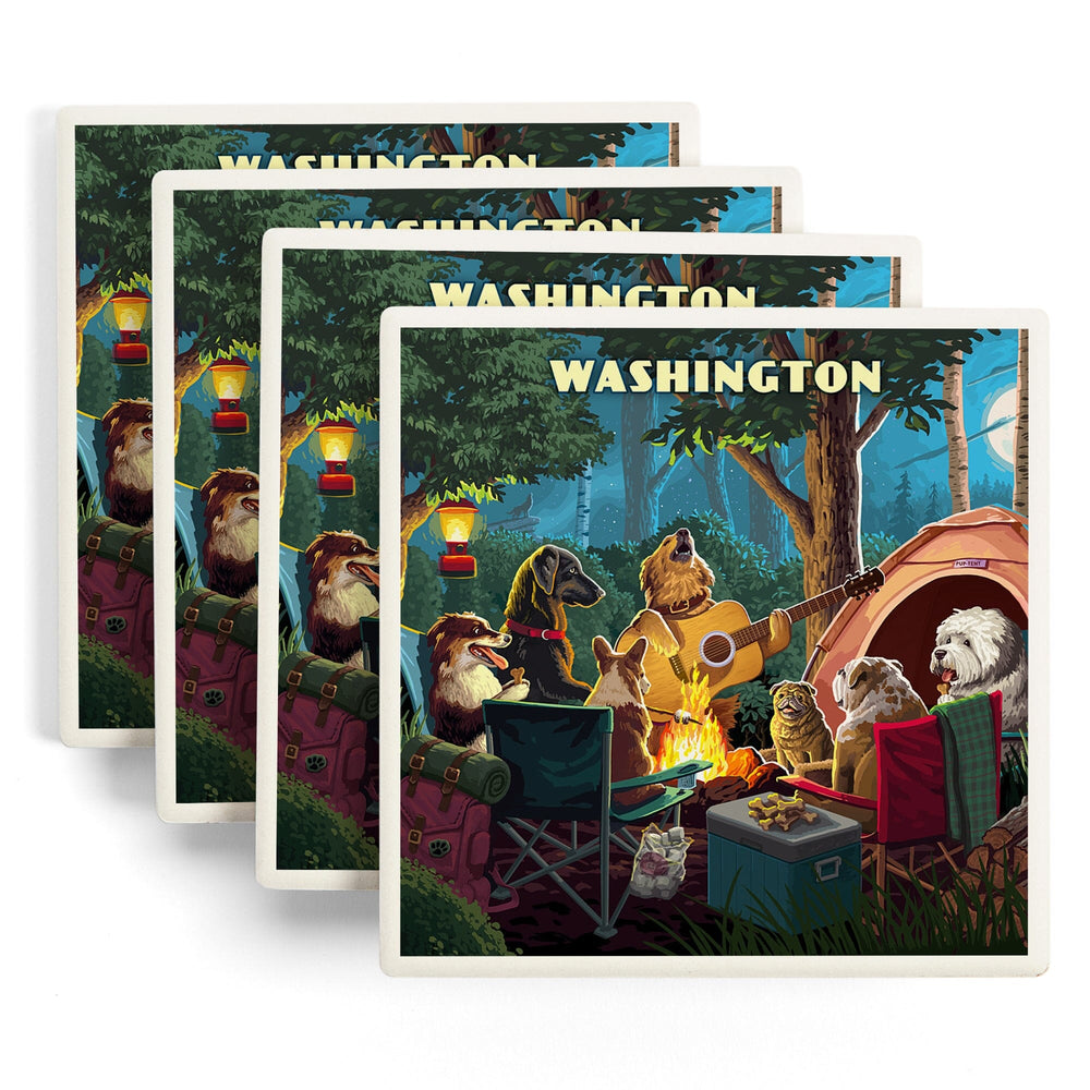 Washington, Painterly, Pack Life, Dogs Around Campfire, Coasters Coasters Lantern Press 