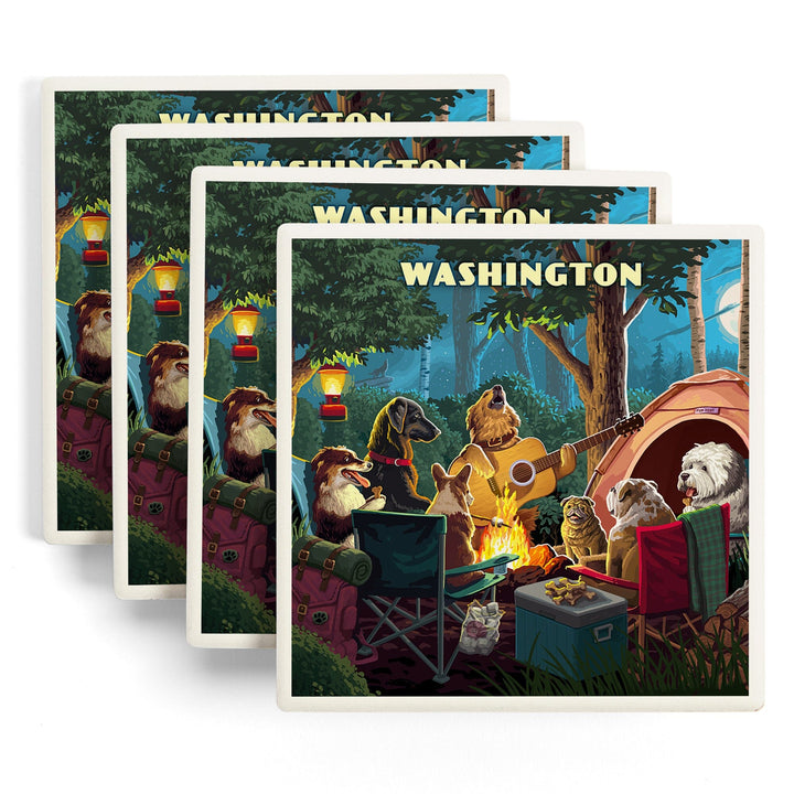 Washington, Painterly, Pack Life, Dogs Around Campfire, Coasters Coasters Lantern Press 