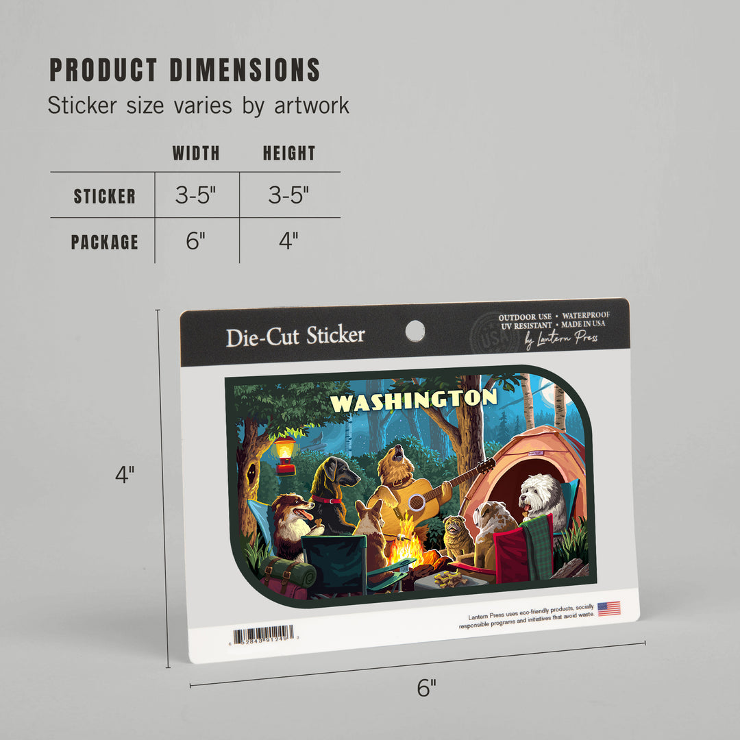 Washington, Painterly, Pack Life, Dogs Around Campfire, Vinyl Sticker Sticker Lantern Press 