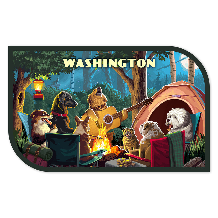 Washington, Painterly, Pack Life, Dogs Around Campfire, Vinyl Sticker Sticker Lantern Press 