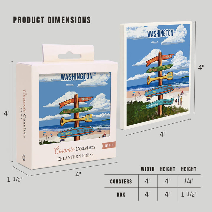 Washington, Signpost, Coast Beach with Umbrellas, Coasters Coasters Lantern Press 