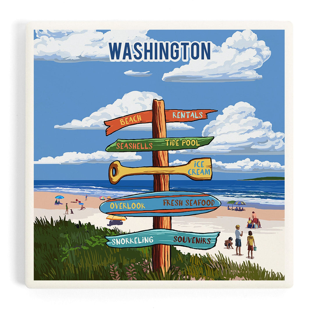 Washington, Signpost, Coast Beach with Umbrellas, Coasters Coasters Lantern Press 