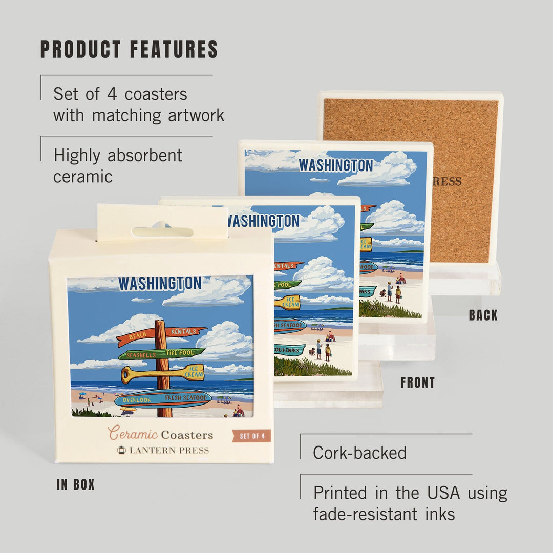 Washington, Signpost, Coast Beach with Umbrellas, Coasters Coasters Lantern Press 