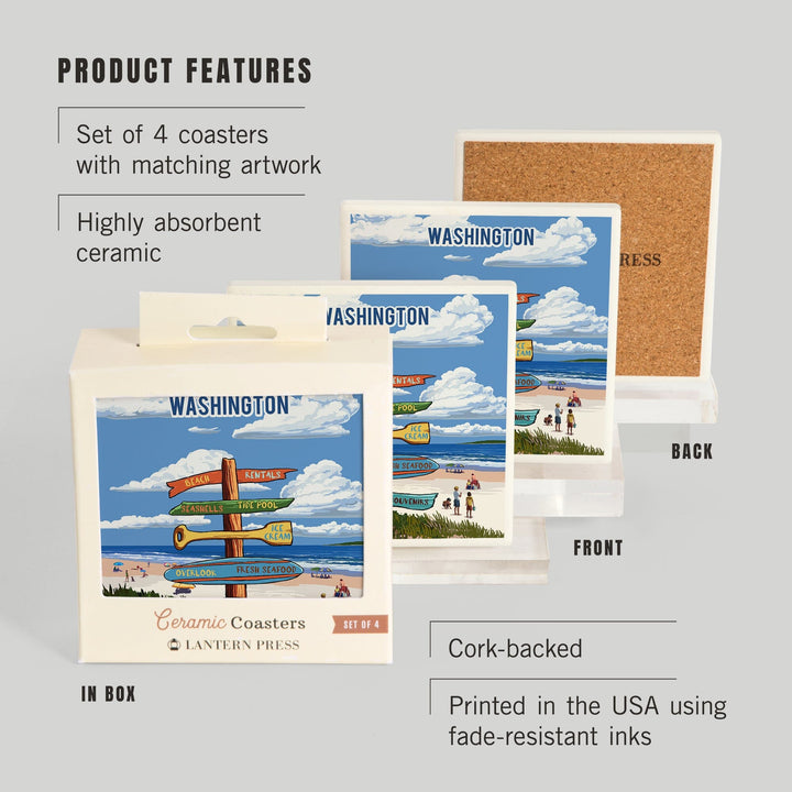Washington, Signpost, Coast Beach with Umbrellas, Coasters Coasters Lantern Press 