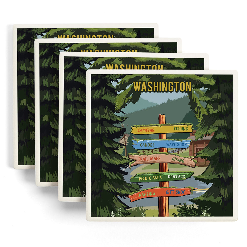 Washington, Signpost, Forest and Camp, Coasters Coasters Lantern Press 