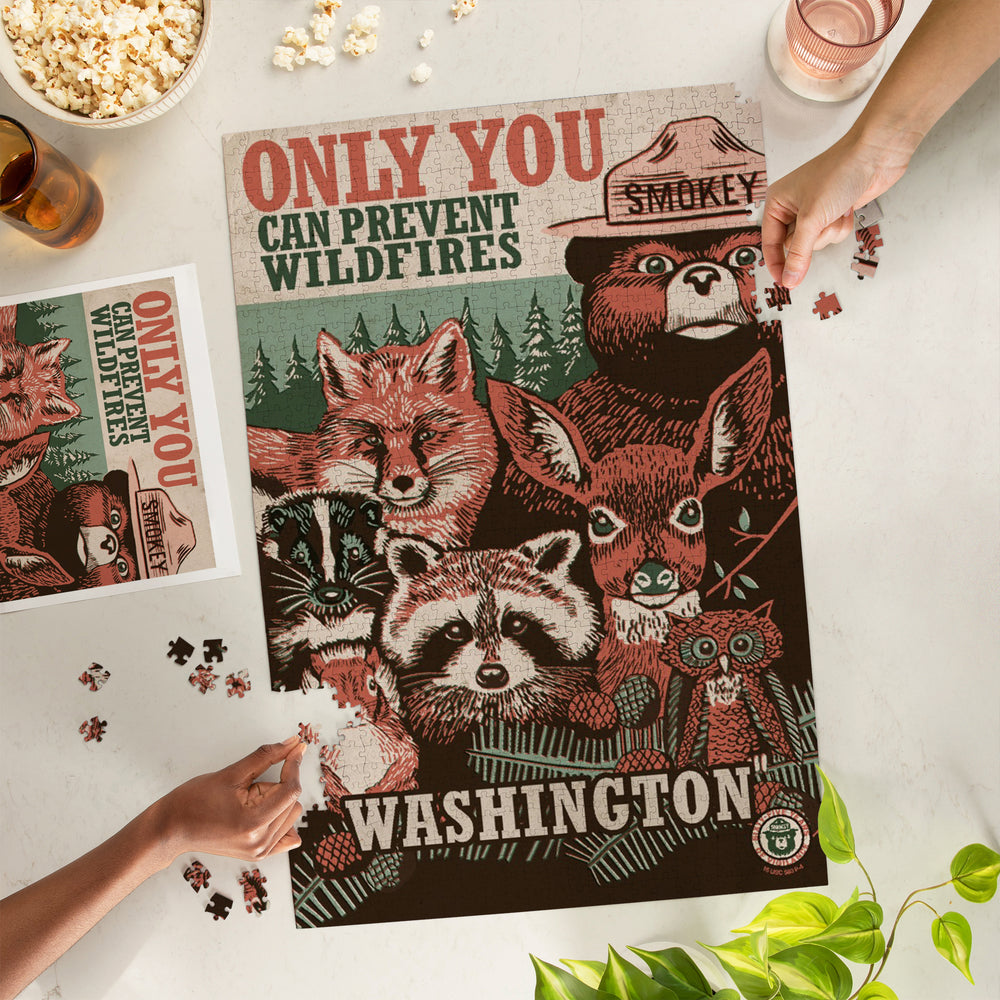 Washington, Smokey Bear and Woodland Creatures, Only You Can Prevent Wildfires, Jigsaw Puzzle Puzzle Lantern Press 
