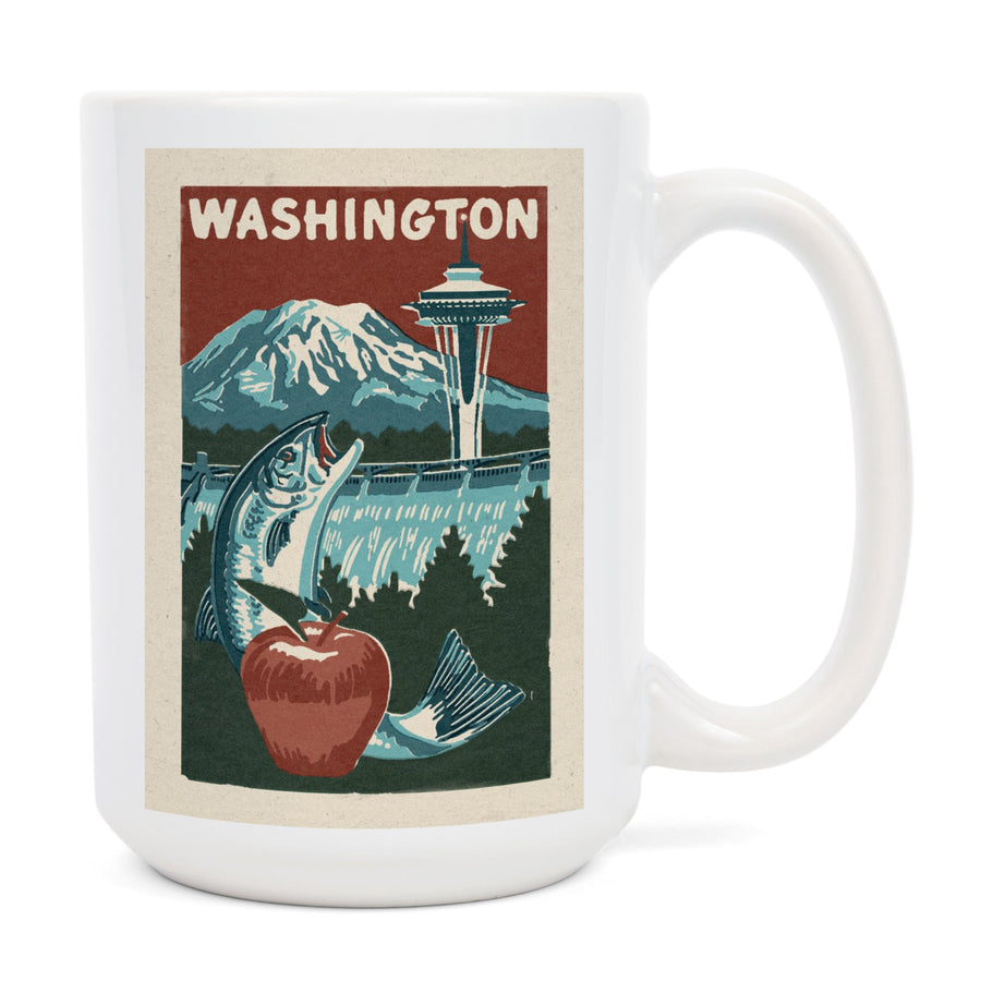 Washington State, Woodblock, Ceramic Mug Mugs Lantern Press 