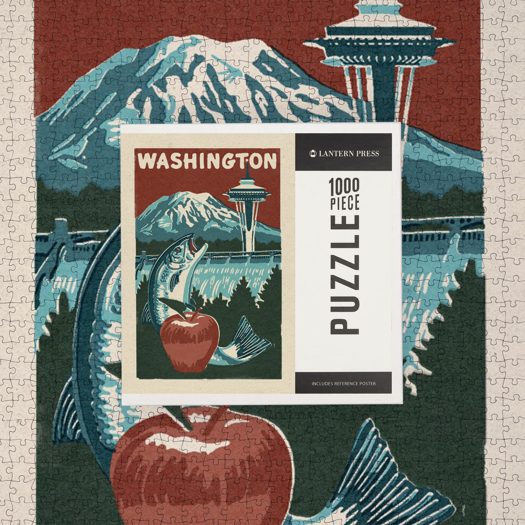 Washington State, Woodblock, Jigsaw Puzzle Puzzle Lantern Press 