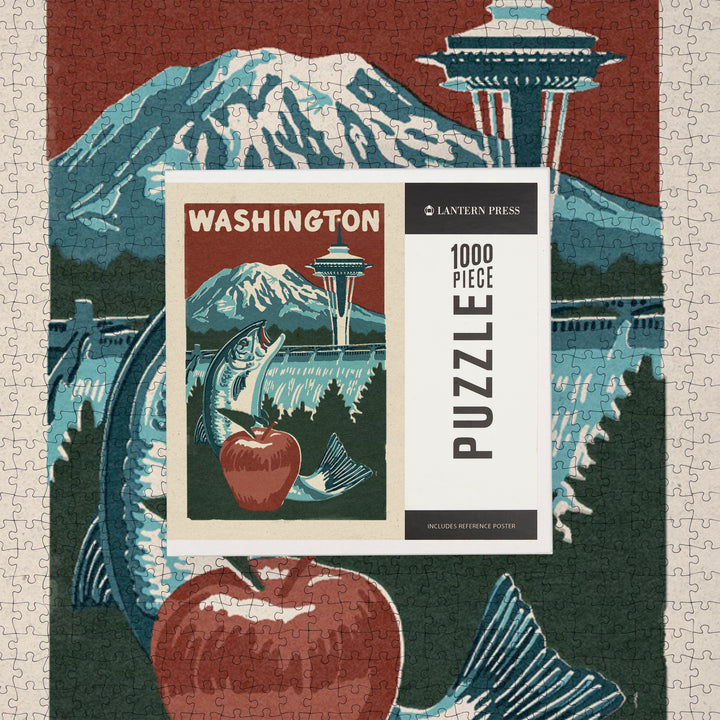 Washington State, Woodblock, Jigsaw Puzzle Puzzle Lantern Press 