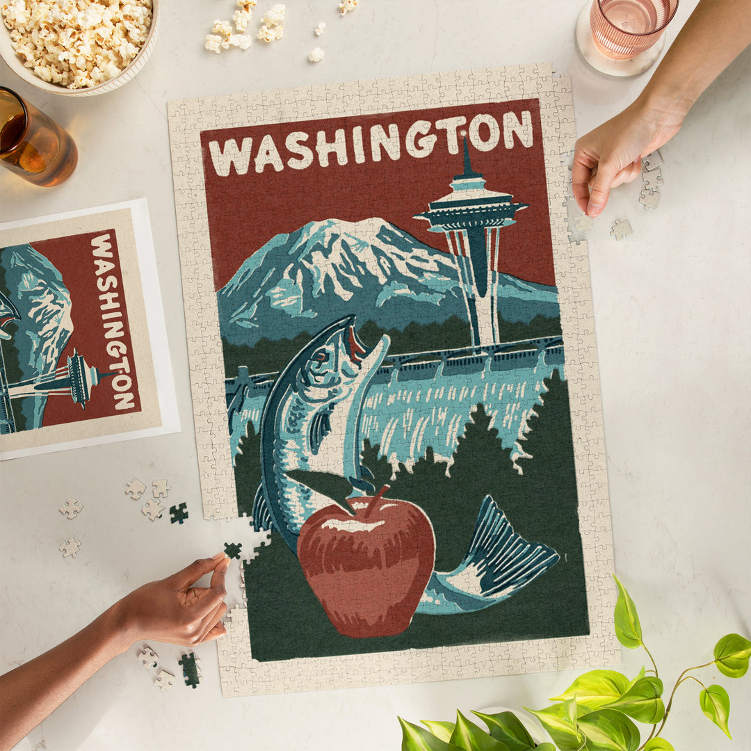 Washington State, Woodblock, Jigsaw Puzzle Puzzle Lantern Press 