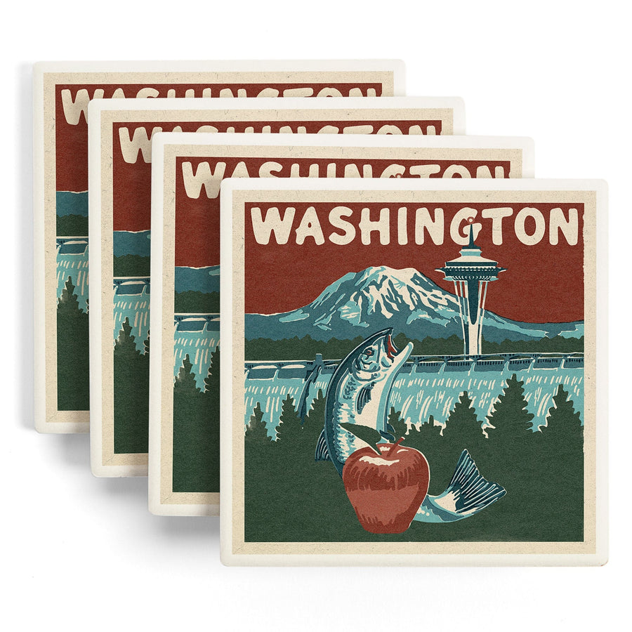 Washington State, Woodblock, Lantern Press Artwork, Coaster Set Coasters Lantern Press 