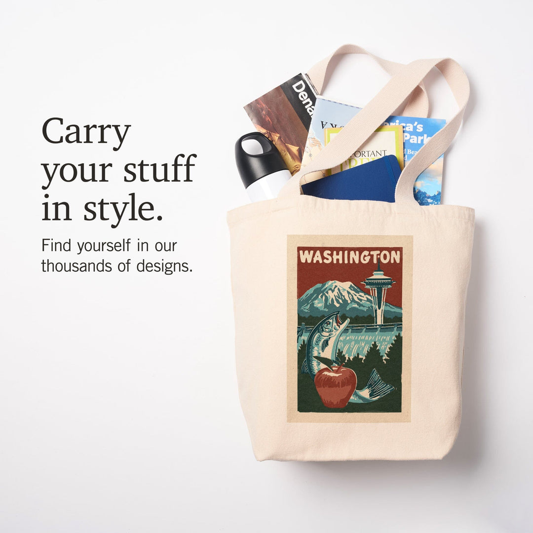 Washington State, Woodblock, Lantern Press Artwork, Tote Bag Totes Lantern Press 