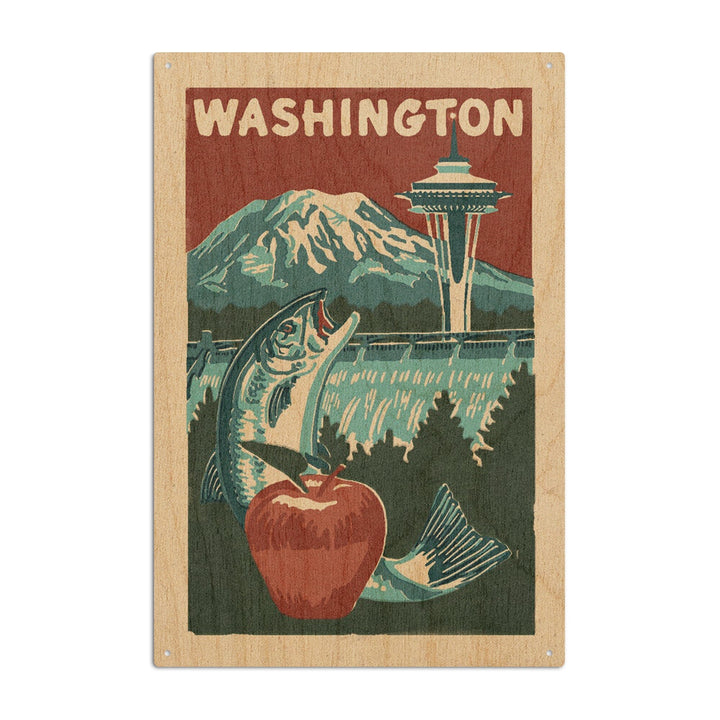 Washington State, Woodblock, Lantern Press Artwork, Wood Signs and Postcards Wood Lantern Press 10 x 15 Wood Sign 