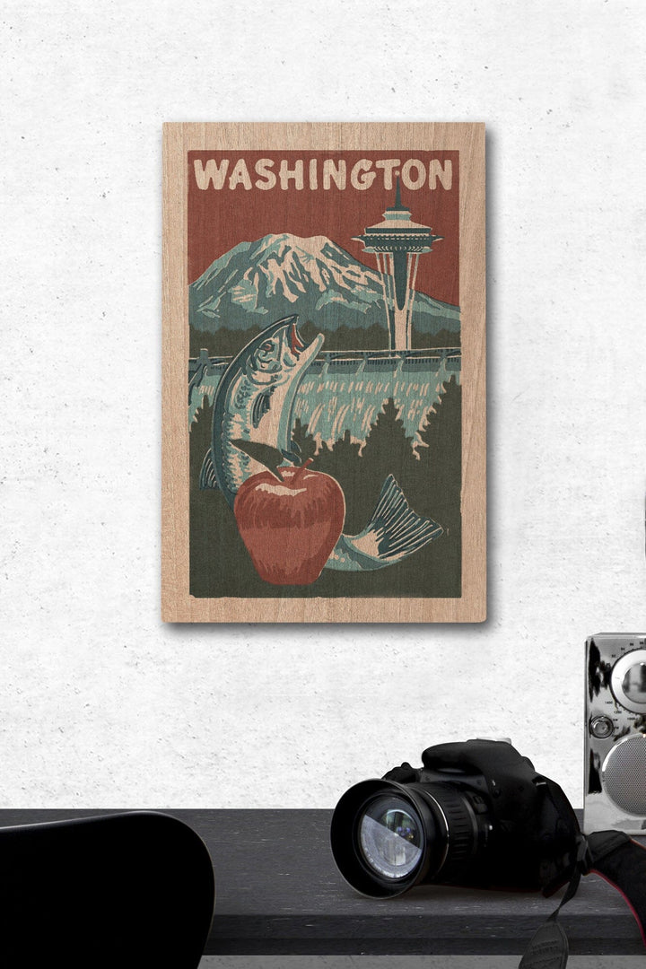 Washington State, Woodblock, Lantern Press Artwork, Wood Signs and Postcards Wood Lantern Press 12 x 18 Wood Gallery Print 