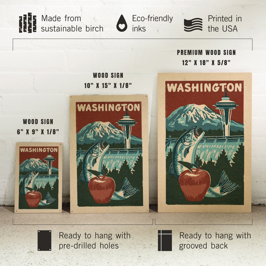 Washington State, Woodblock, Lantern Press Artwork, Wood Signs and Postcards Wood Lantern Press 