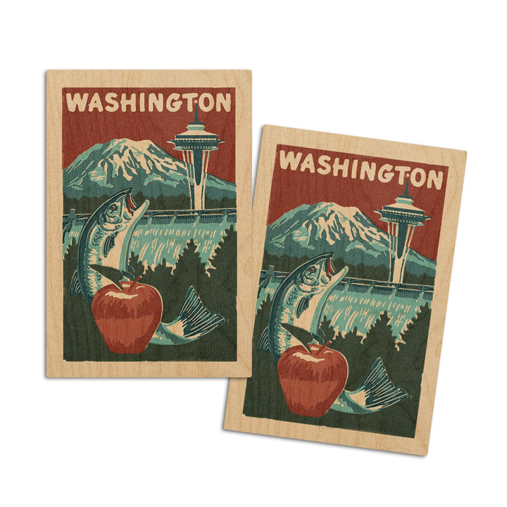 Washington State, Woodblock, Lantern Press Artwork, Wood Signs and Postcards Wood Lantern Press 4x6 Wood Postcard Set 