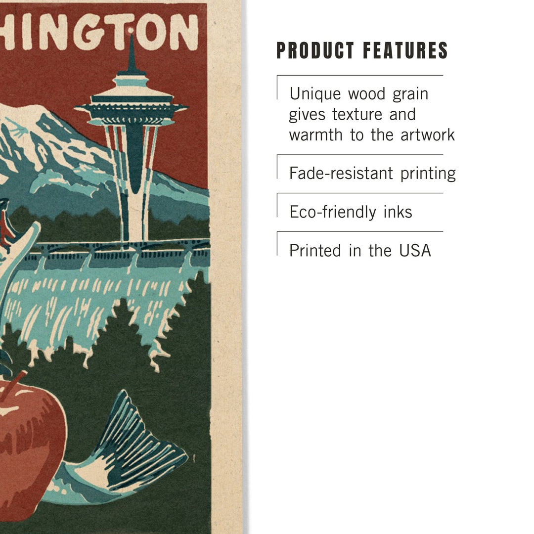 Washington State, Woodblock, Lantern Press Artwork, Wood Signs and Postcards Wood Lantern Press 