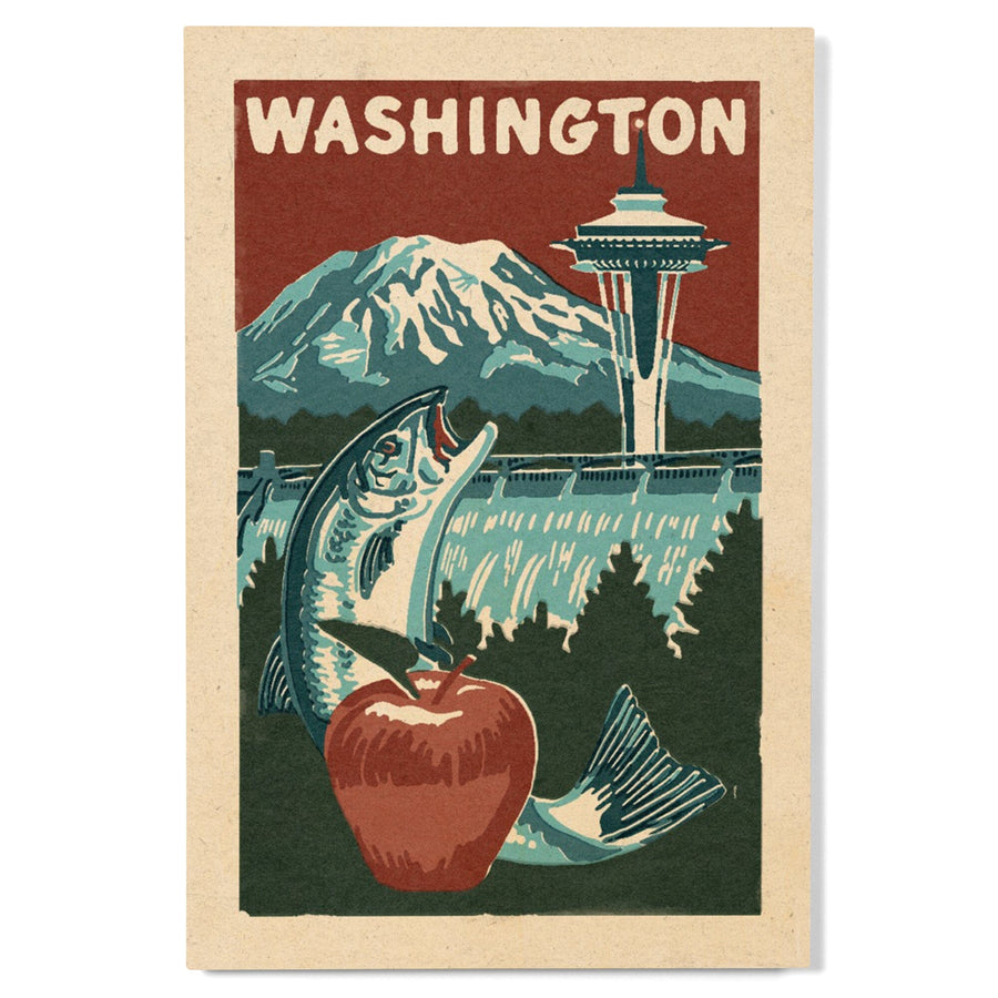Washington State, Woodblock, Lantern Press Artwork, Wood Signs and Postcards Wood Lantern Press 