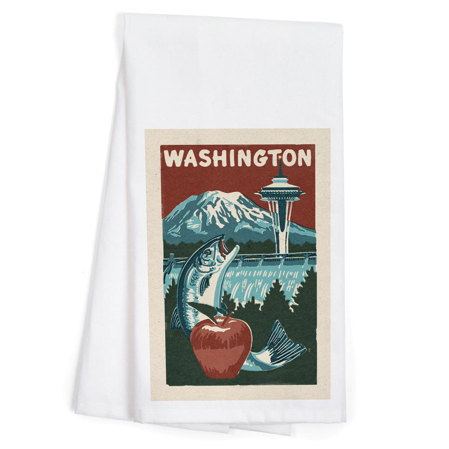 Washington State, Woodblock, Organic Cotton Kitchen Tea Towels Kitchen Lantern Press 