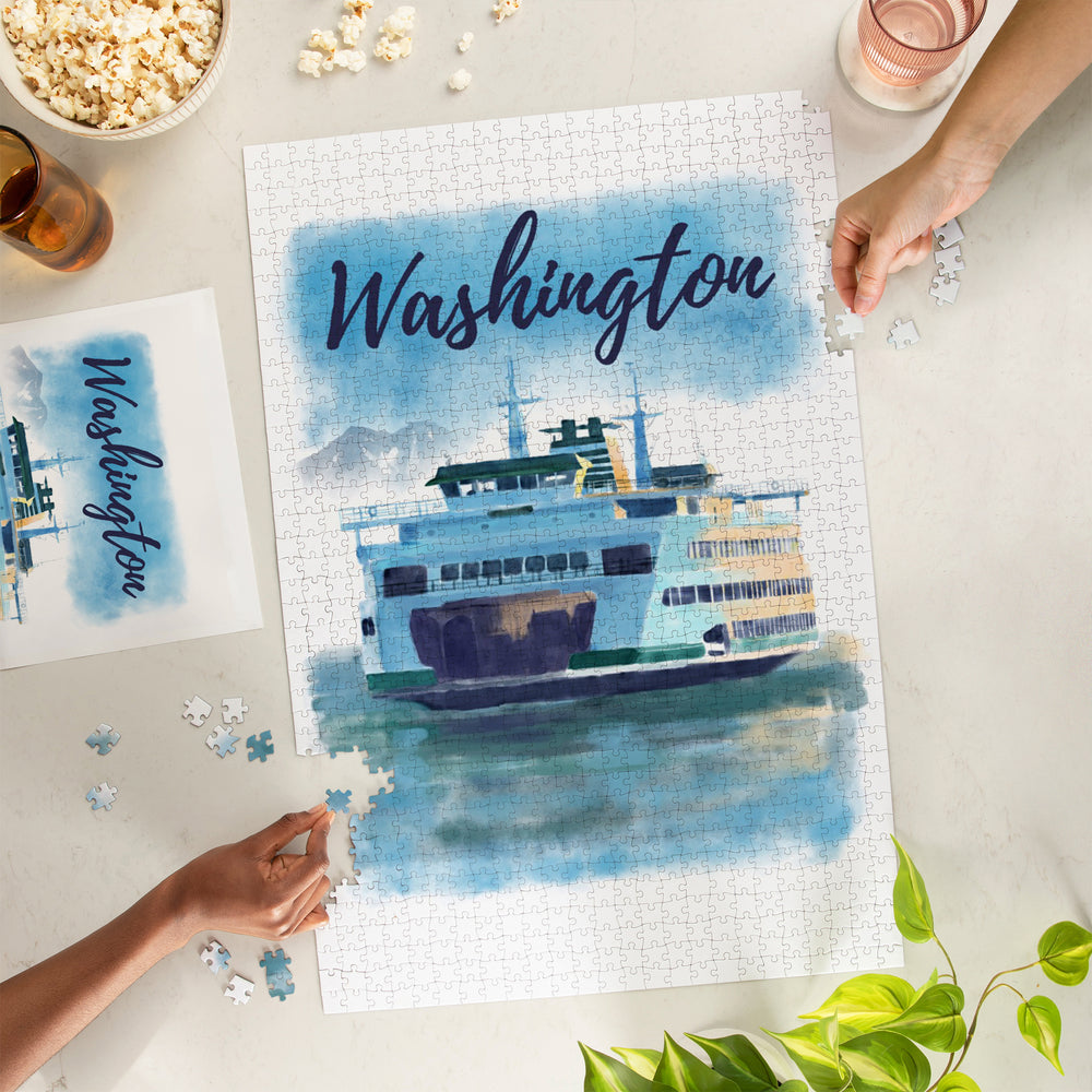 Washington, Watercolor, Ferry, Jigsaw Puzzle Puzzle Lantern Press 