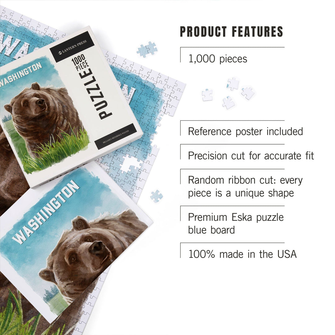 Washington, Watercolor Study, Grizzly Bear, Jigsaw Puzzle Puzzle Lantern Press 