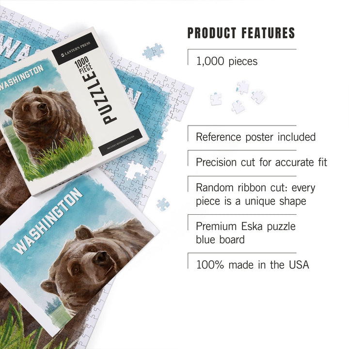 Washington, Watercolor Study, Grizzly Bear, Jigsaw Puzzle Puzzle Lantern Press 