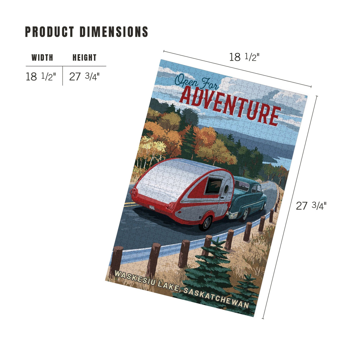 Waskesiu Lake, Saskatchewan, Open for Adventure, Retro Camper on Road, Painterly, Jigsaw Puzzle Puzzle Lantern Press 