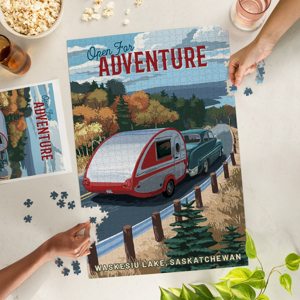 Waskesiu Lake, Saskatchewan, Open for Adventure, Retro Camper on Road, Painterly, Jigsaw Puzzle Puzzle Lantern Press 