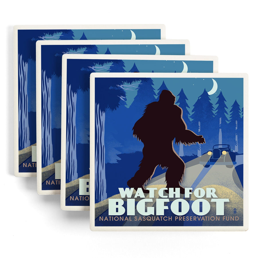 Watch for Bigfoot, WPA Style, Lantern Press Artwork, Coaster Set Coasters Lantern Press 