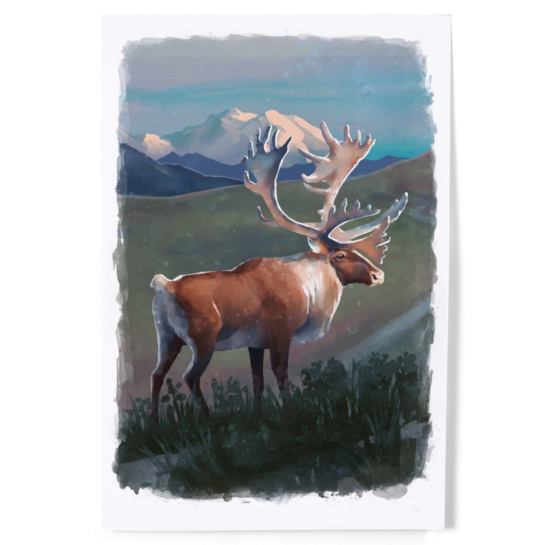 Watercolor Study, Caribou with Mountain, Art & Giclee Prints Art Lantern Press 12 x 18 Art Print 