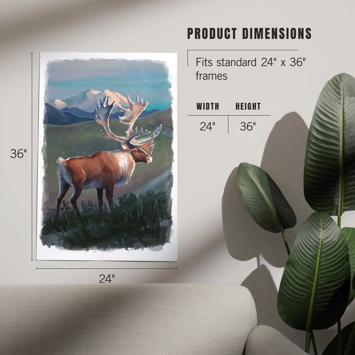 Watercolor Study, Caribou with Mountain, Art & Giclee Prints Art Lantern Press 