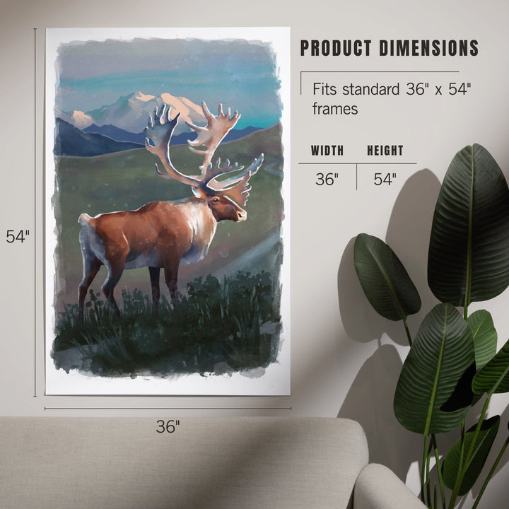 Watercolor Study, Caribou with Mountain, Art & Giclee Prints Art Lantern Press 