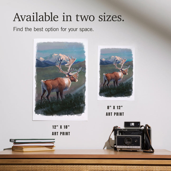 Watercolor Study, Caribou with Mountain, Art & Giclee Prints Art Lantern Press 